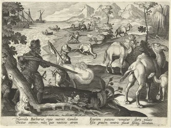 Sailors in a Horrid Barbarian Country Kill Camels with Muskets to Relieve Their Hunger, Illustration from 