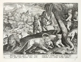 Indians Shoot Lions with Arrows, who have Captured Monkeys in their Mouths, illustration from 