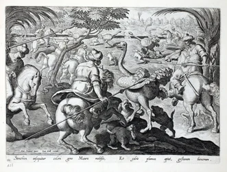 Moors on Horseback Hunting Ostriches, plate 62, illustration from ‘Venationes, Ferarum, Avium, Piscium’ (Of Hunting: Wild Beasts, Birds, Fish), engraved by Jan Collaert (1566-1628), published by Phillipus