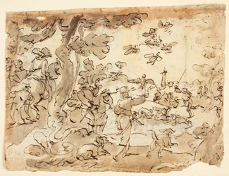 Bird Hunt with Falcons; Lunette Decorated with Animals, Capricorn, and Foliage