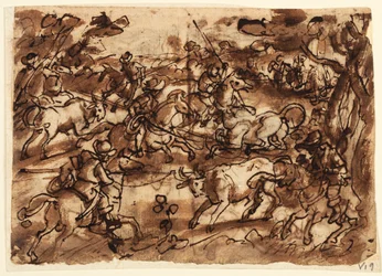 Recto: Bull Hunt with Lassos; Verso, Above: Bear Hunt by Men in Armor; Verso, Below: Hunting Monkeys by Deception; All Preliminary Designs for the Venationes Series