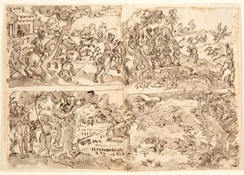 Sketchbook Page with Four Hunt Scenes