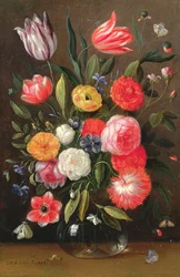 Tulips, Roses, Anemones and other Flowers in a Glass Vase with Butterflies and a Caterpillar on a Ledge