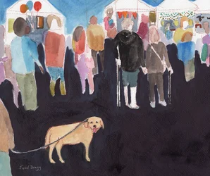 Crowd of People and Yellow Lab at Street Fair, c. 2025