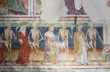 Hrastovlje fortified church, Trinity Church, Death accompanying Pope and Queen, Dance of Death (detail), Slovenia