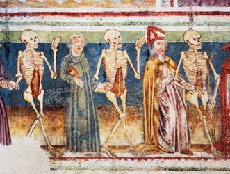 Hrastovlje Fortified Church, Trinity Church, Death Accompanying Bishop and Monk, Dance of Death (detail)