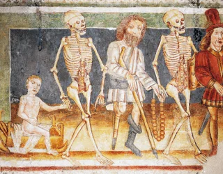 Hrastovlje fortified church, Trinity Church, Death accompanying child and poor, Dance of Death (1490) (detail)