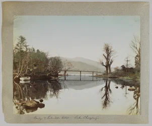 Bridge and lakeside hotel, Lake Chuzenji, Nikko, Japan