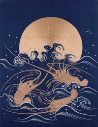 A Japanese Embroidered Textile Panel of Dark Blue Satin Depicting Three Crayfish Among Waves Before a Rising Sun