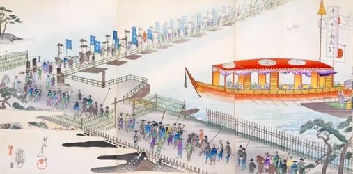 Attending a Festival: crossing a pontoon bridge to the sacred site
