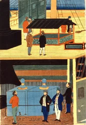 Cross-section of a European ship showing men in European dress on deck, top, and men on the lower deck: Yokahama, Japan