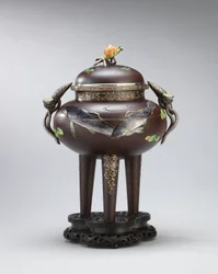 Enamel and soft-metal-inlaid iron incense burner, sealed Koichi Shin (Takasaki Koichi), Meiji Period