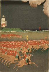 French and British troops engaged in military training manoeuvres, Yokohama, Japan. British cavalry exercise. Part of triptych by Taiso Yoshitoshi (1839-1892) Japanese Ukiyo-e artist