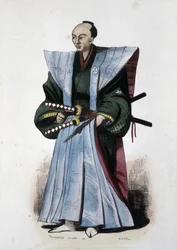 Japanese nobleman with weapons and ceremonial attire, 1860