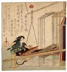 Japanese woman with her loom, print late 19th century, Genes, Museo Chiossone