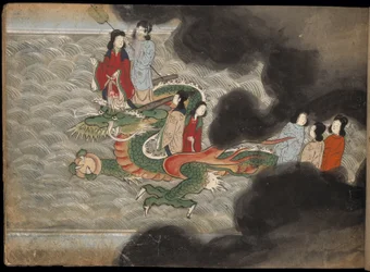People riding on a dragon, illustration from the 