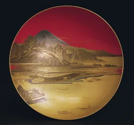 Sake cup, depicting a landscape with boats and a bridge under Mount Fuji, 19th century
