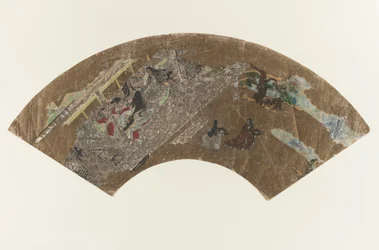 Untitled - Fan-shaped painting of ladies sitting in a pavilion playing a game