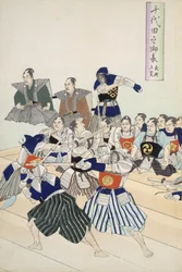 Warlord Watches Samurai Practising Their Swordplay (detail), from a 19th Century Album of Woodcuts
