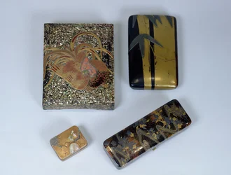 Writing case decorated with a cockerel, writing case with a bamboo design and a kobako attributed to Ogata Kōrin (1658-1716) and a message box by the Kajikawa Family, 16th-18th century