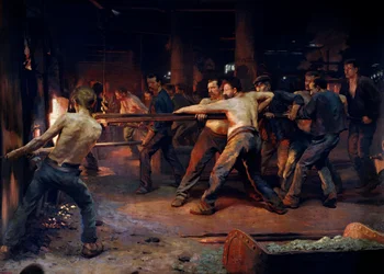 Workmen smelters working in a metallurgical plant, Painting by Jean Rixens