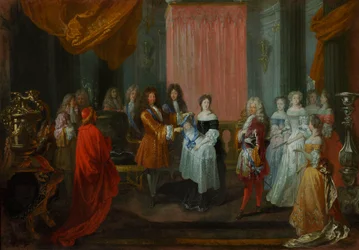 Louis XIV decorates the Duke of Burgundy, father of the future Louis XV, with the Cordon Bleu order.