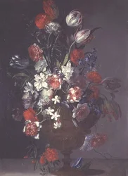 Tulips, Roses and Other Flowers in a Vase on a Ledge
