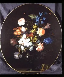 Still Life of Flowers including Roses, Carnations and Hyacinths in a Glass Vase