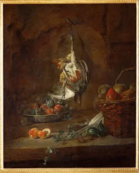 Dead Partridge Hung by One Leg, Bowl with Prunes and a Basket with Pears