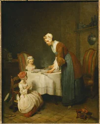 The Blessing. A Mother Waits for Her Small Daughter to Say Grace