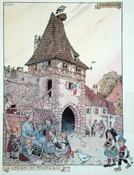 A French soldier teaching French to Alsatian children who have become French Citizens again, illustration from 