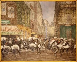 The release of the evening newspapers, rue du Croissant in 1914