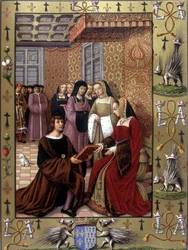 Jean Marot Offering His Book, Le Voyage de Genes, to Queen Anne of Brittany (After an Illumination by Jean Bourdichon, circa 1508)