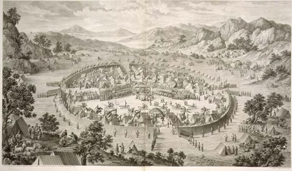 Tchao-Hoei Occupies his Troops with Exercises and Military Games in 1758, plate 5 from a series of prints representing the conquests of Qianlong, the Emperor of China, engraved by Pierre Philippe Choffard 1772