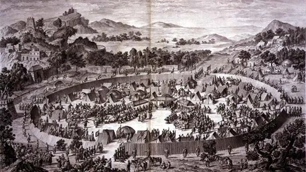 Tchao-Hoei in his Camp below the walls of Yerechim Receives the Homage of the Inhabitants of the Town and Province in July 1759, plate 4 from the series of prints representing the conquests of Qianlong, the Emperor of China, engraved by Pierre Philippe Cho