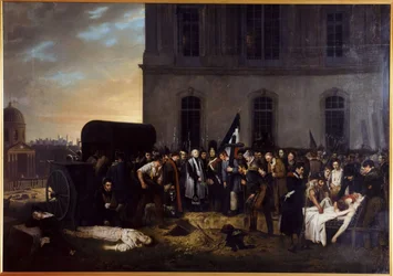 Temporary burial of the victims of July in front of the Louvre colonnade