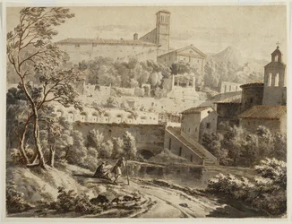 An Artist Sketching Along a Riverbank, Below an Italian Town