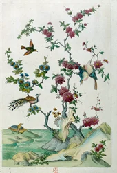 Drawing from a Chinese Vase: Birds and Flowers. Painting by Jean Antoine Fraisse (18th century)