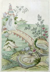 Drawing from a Chinese vase: landscape with bridge
