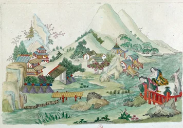 Drawing from a Chinese vase: landscape with river and characters