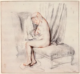 Nude Woman Sitting on a Chaise Longue, Putting on Her Shirt, 18th Century