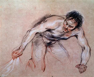 Study of a naked man kneeling pulling a drapery