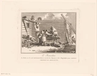 Figures by a Scissors Grinder in Front of a Wooden House Under Construction