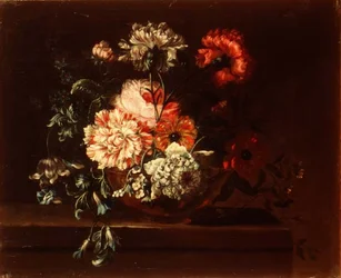 Roses, carnations and convolvuli on a ledge