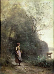 A Peasant Woman Grazing a Cow at the Edge of a Forest