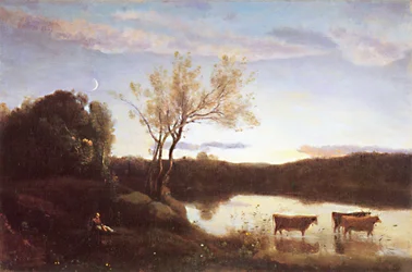 The Pond, Three Cows and a Crescent Moon