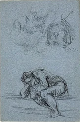 Seated Figure with Head in Hands and Two Caricatures (recto); Four Figures in a Lunette (verso)