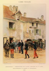 Types and Uniforms of the French Army of Captain Jules Richard, illustrated by Edouard Detaille (1848-1912): Administration: Medicin Major of 2nd Class; Aide Major of 1st Class; Veterinary Aide First and Telegrapher in 1887, Private Collection