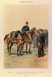 Types and uniforms of the French Army of Captain Jules Richard, illustrated by Edouard Detaille (1848-1912): Artillery: Under-officers of batteries on horses and gunners of battery on foot in large attire in 1886