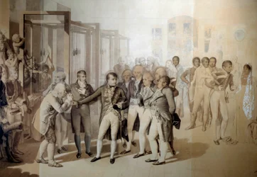 Napoleon Bonaparte, First Consul, visits the velvet factory of the Sevene brothers in Rouen, November 1802